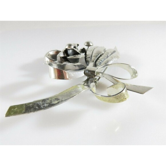 Large 4" Sterling Silver Flower Spray Brooch Ribbon Bow Handwrought Repair - Picture 8 of 13